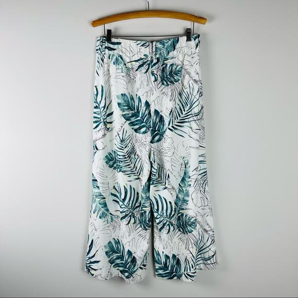 Cream green palm leaf tropical linen wide leg high waisted cropped pants large - Picture 5 of 9